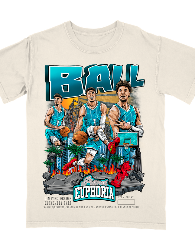 LaMelo Ball 'BALL' Charlotte basketball player graphic T-shirt by Planet Euphoria in off-white, front view.