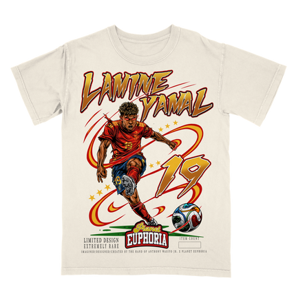 Lamine Yamal Spanish World Cup soccer player limited edition graphic tee by Planet Euphoria in off-white, front view.