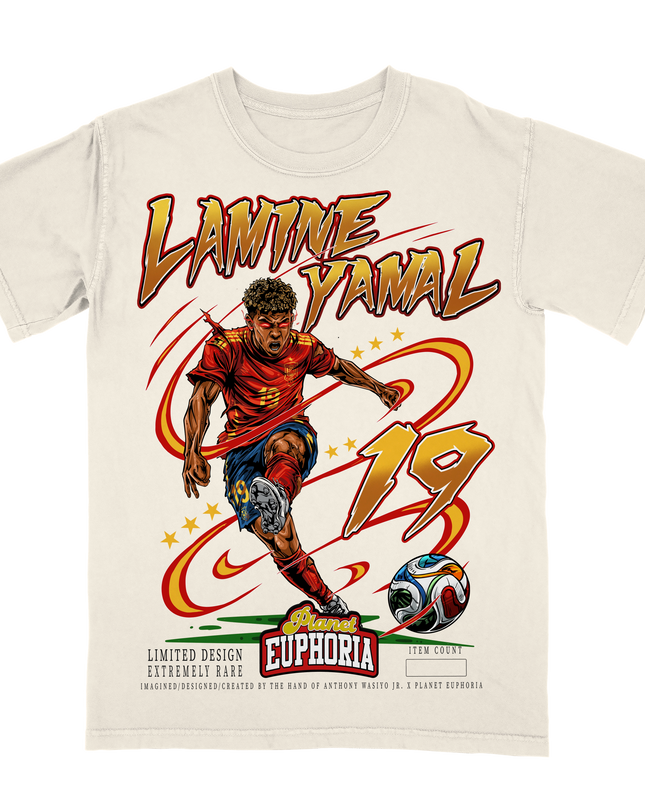 Lamine Yamal Spanish World Cup soccer player limited edition graphic tee by Planet Euphoria in off-white, front view.