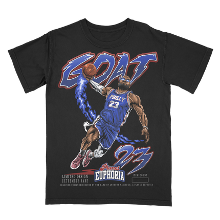 Lebron James 'GOAT' Philadelphia 76ers graphic tee by Planet Euphoria in black, front view.