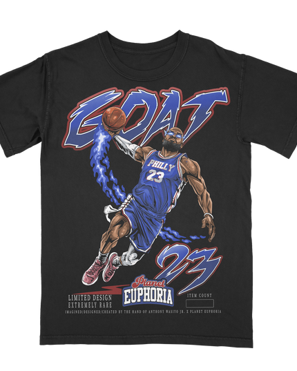 Lebron James 'GOAT' Philadelphia 76ers graphic tee by Planet Euphoria in black, front view.