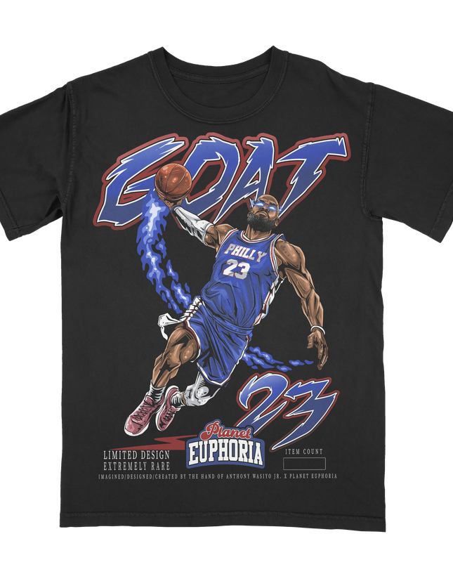 Lebron James 'GOAT' Philadelphia 76ers graphic tee by Planet Euphoria in black, front view.