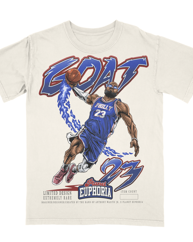 Lebron James 'GOAT' Philadelphia 76ers graphic tee by Planet Euphoria in off-white, front view.