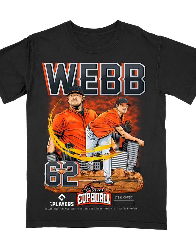Logan Webb MLB Pitcher graphic tee by Planet Euphoria in black, front view.