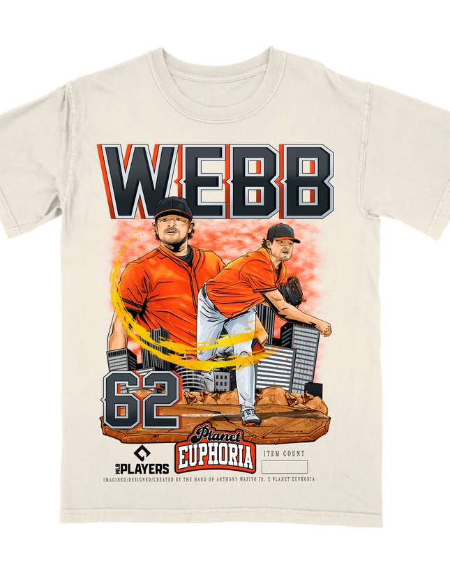 Logan Webb #62 MLBPA Pitcher graphic tee by Planet Euphoria in off-white, front view.