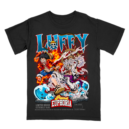 Luffy Anime black crew neck T-shirt with a colorful graphic print by Planet Euphoria, front view.