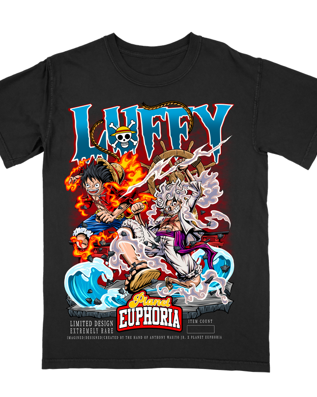 Luffy Anime black crew neck T-shirt with a colorful graphic print by Planet Euphoria, front view.
