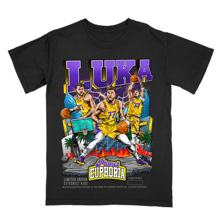 Luka Dončić #77 Los Angeles basketball player graphic T-shirt  by Planet Euphoria in black, front view.
