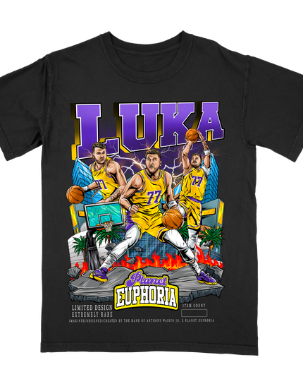 Luka Dončić #77 Los Angeles basketball player graphic T-shirt  by Planet Euphoria in black, front view.
