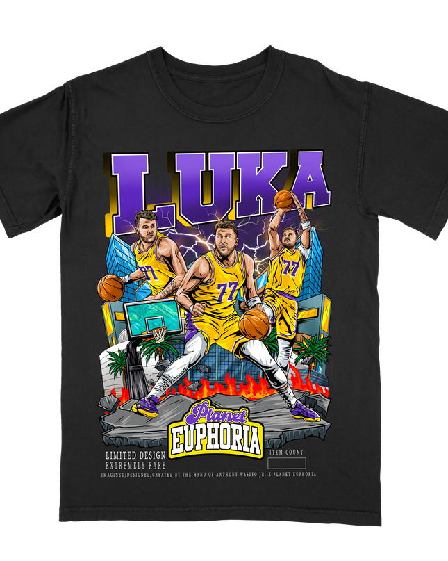 Luka Dončić #77 Los Angeles basketball player graphic T-shirt  by Planet Euphoria in black, front view.
