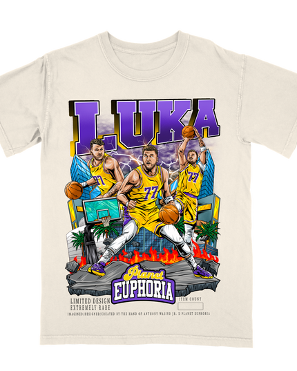 Luka Dončić #77 Los Angeles basketball player graphic T-shirt by Planet Euphoria in off-white, front view.
