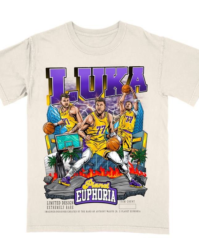 Luka Dončić LA #77 youth sized off-white T-Shirt with hand-drawn basketball artwork by Planet Euphoria.