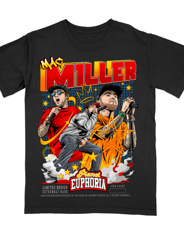 Mac Miller graphic t-shirt by Planet Euphoria in black, front view.