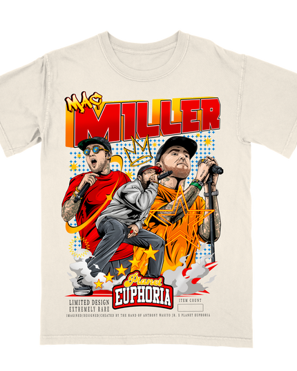 Mac Miller graphic t-shirt by Planet Euphoria in off-white, front view.