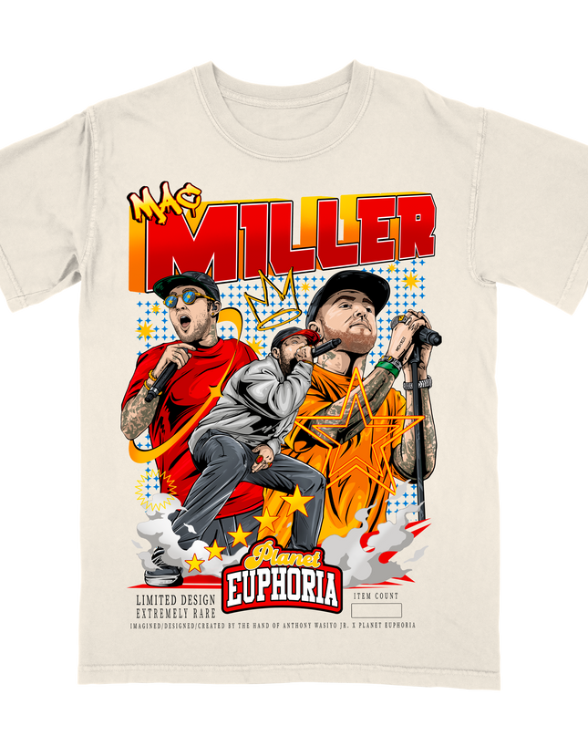 Mac Miller graphic t-shirt by Planet Euphoria in off-white, front view.