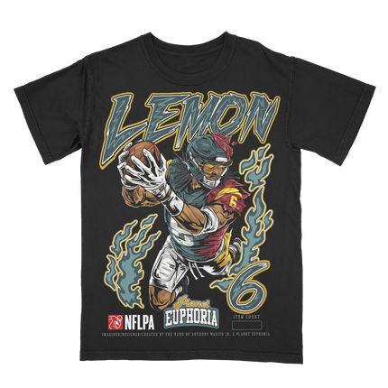 Makai Lemon Philadelphia football graphic t-shirt from Planet Euphoria, black shirt, front view