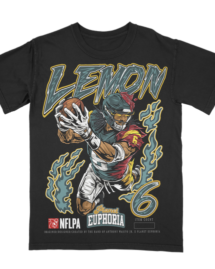 Makai Lemon Philadelphia football graphic t-shirt from Planet Euphoria, black shirt, front view