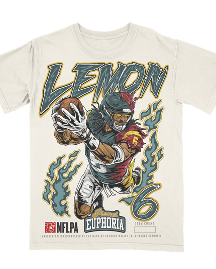 Makai Lemon Philadelphia football graphic t-shirt from Planet Euphoria, off-white shirt, front view