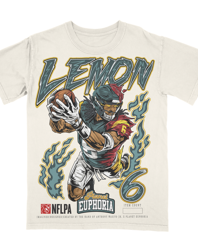 Planet Euphoria Makai Lemon USC to Eagles football graphic tee in off-white.