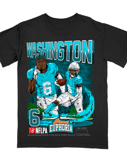 Malik Washington NFL Player Miami graphic tee by Planet Euphoria in black, front view.