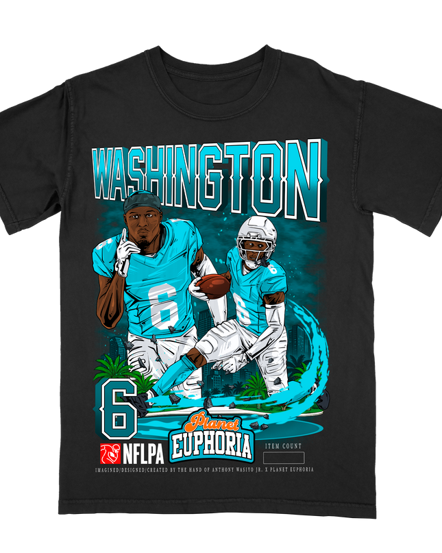 Malik Washington NFL Player Miami graphic tee by Planet Euphoria in black, front view.