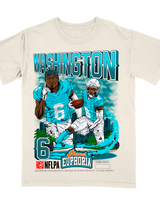 Malik Washington NFL Player Miami graphic tee by Planet Euphoria in off-white, front view.