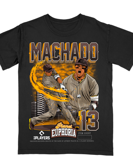 Manny Machado 13 MLB Player graphic tee by Planet Euphoria in black, front view.