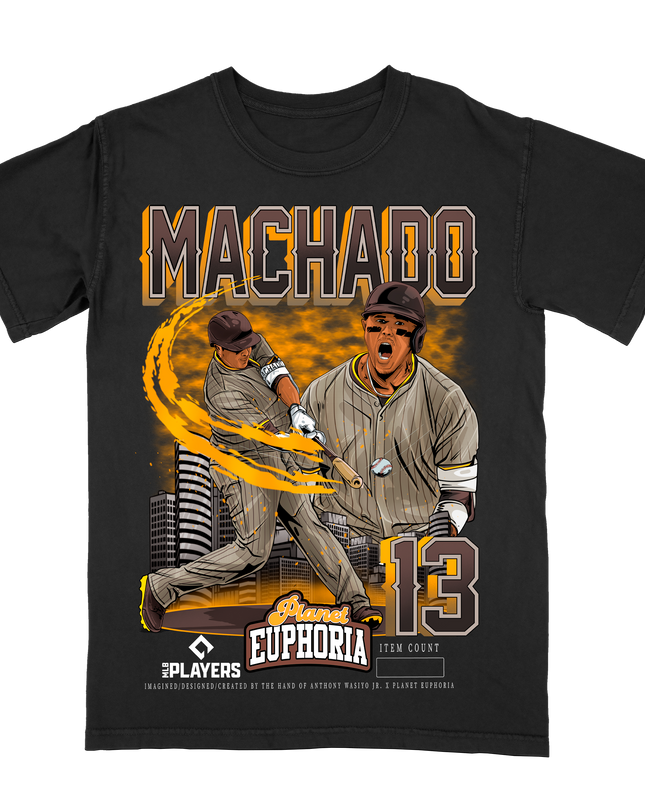 Manny Machado 13 MLB Player graphic tee by Planet Euphoria in black, front view.
