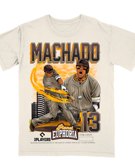 Manny Machado 13 MLB Player graphic tee by Planet Euphoria in off-white, front view.