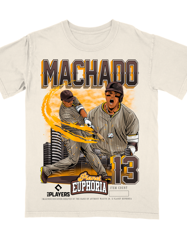 Manny Machado 13 MLB Player graphic tee by Planet Euphoria in off-white, front view.