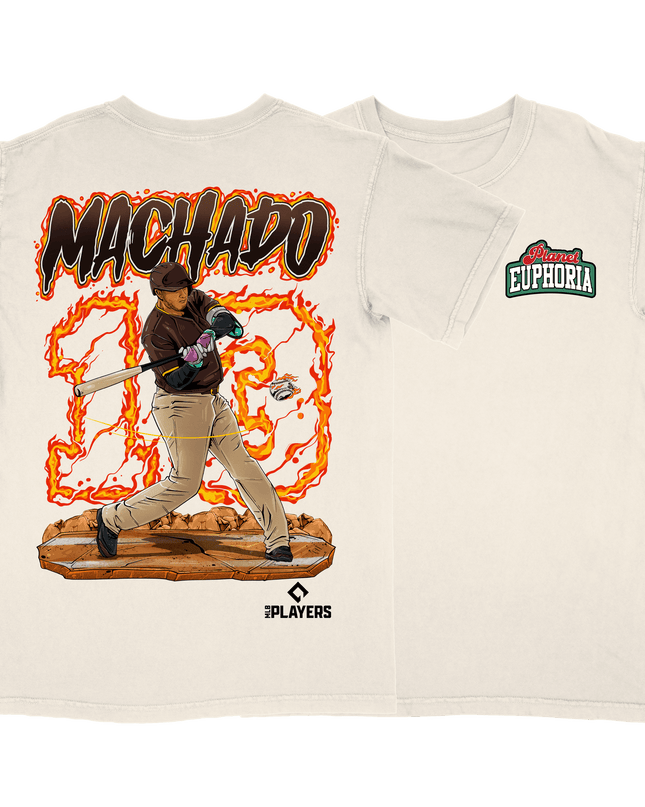 Manny Machado San Diego graphic tee by Planet Euphoria in off-white, front and back view.