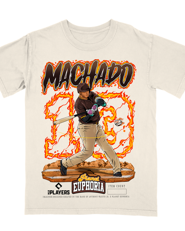 Manny Machado San Diego graphic tee by Planet Euphoria in off-white, front view.