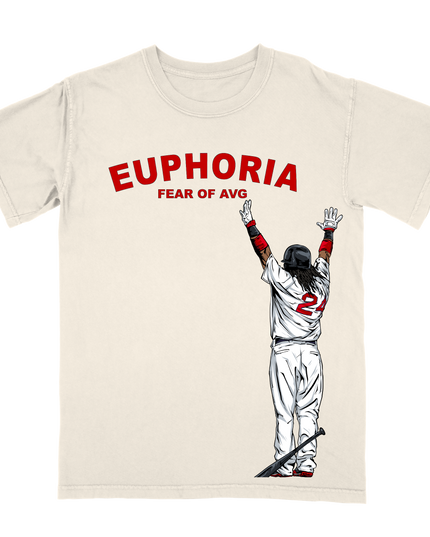 Manny Ramirez 'Fear of Average' youth sized home-run pose graphic T-shirt by Planet Euphoria in off-white, front view.