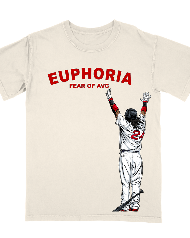 Manny Ramirez 'Fear of Average' youth sized home-run pose graphic T-shirt by Planet Euphoria in off-white, front view.