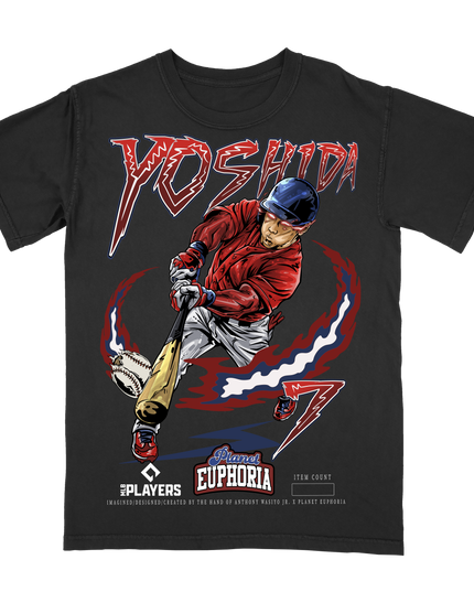 Masataka Yoshida Boston MLBPA graphic t-shrt by Planet Euphoria in black, front view.