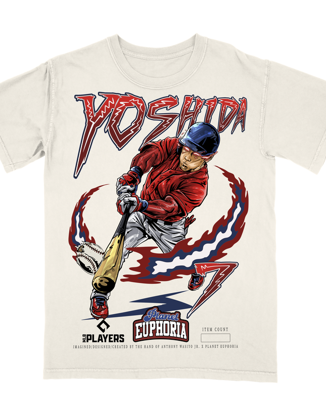 Masataka Yoshida Boston Red Sox MLBPA graphic t-shrt by Planet Euphoria in black, front view.