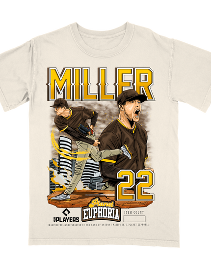 Mason Miller San Diego graphic tee by Planet Euphoria in off-white, front view.