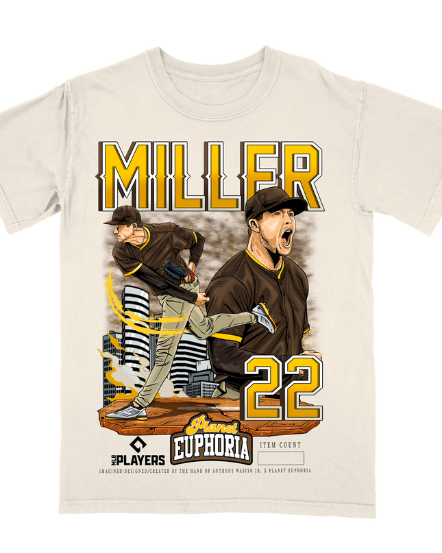 Mason Miller San Diego graphic tee by Planet Euphoria in off-white, front view.