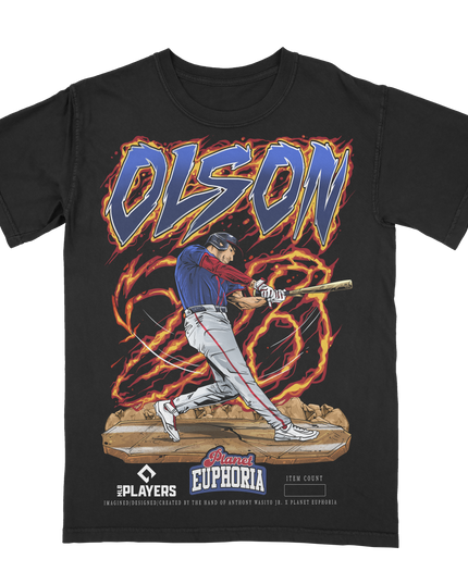 Matt Olson Atlanta Braves baseball graphic t-shirt from Planet Euphoria in black shirt, front view