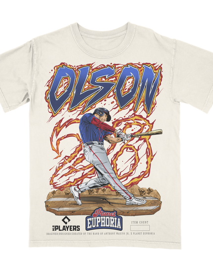 Matt Olson Atlanta Braves #28 baseball graphic t-shirt from Planet Euphoria, off-white shirt, front view.