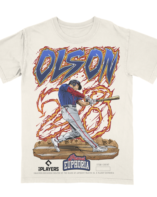 Matt Olson Atlanta Braves #28 baseball graphic t-shirt from Planet Euphoria, off-white shirt, front view.