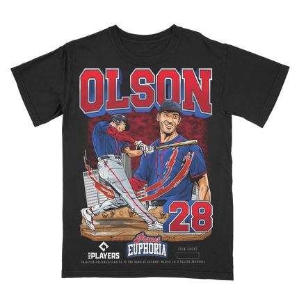 Matt Olson Atlanta Braves baseball graphic t-shirt from Planet Euphoria, black shirt, front view