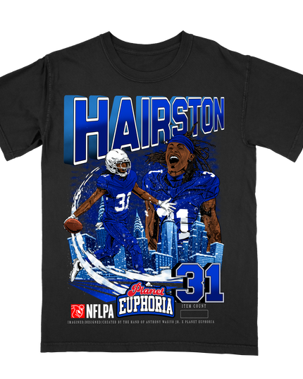 Maxwell Hairston Buffalo NFLPA graphic tee by Planet Euphoria in black, front view.