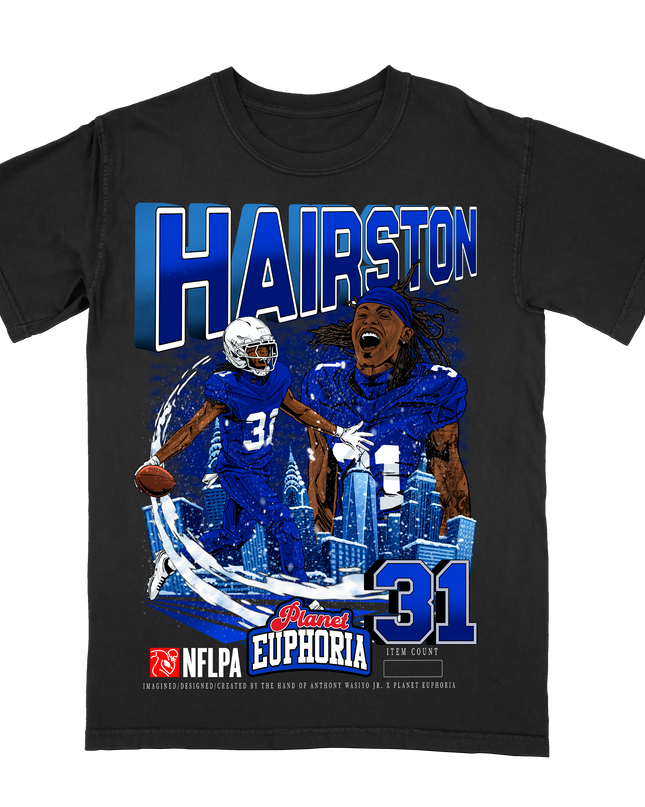 Maxwell Hairston Buffalo NFLPA graphic tee by Planet Euphoria in black, front view.