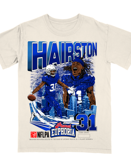 Maxwell Hairston Buffalo NFLPA graphic tee by Planet Euphoria in off-white, front view.