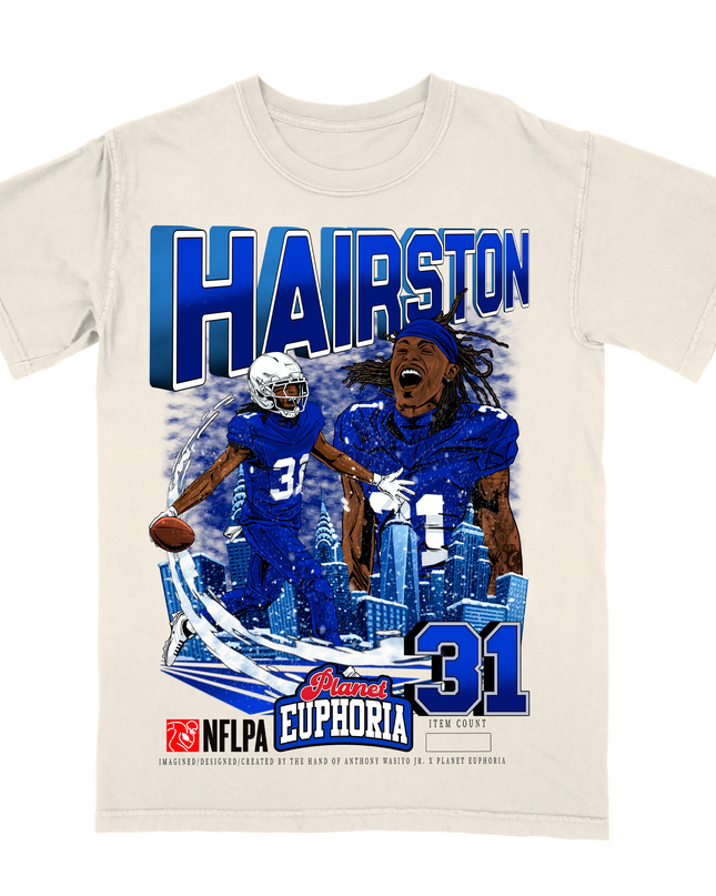 Maxwell Hairston Buffalo NFLPA graphic tee by Planet Euphoria in off-white, front view.