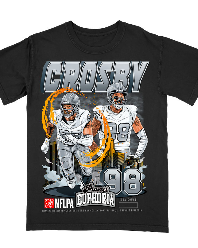 Maxx Crosby Las Vegas NFL player graphic tee V2 by Planet Euphoria in black, front view.