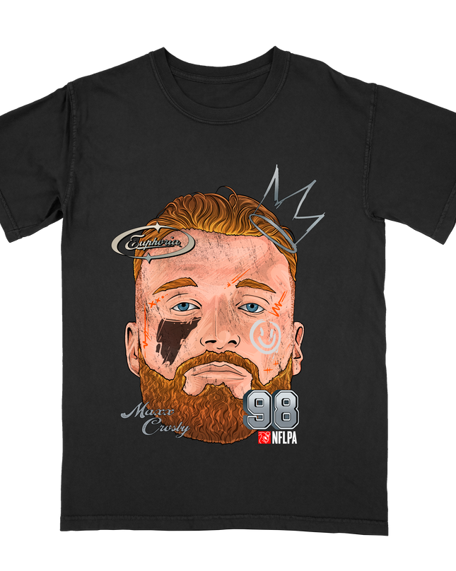 Maxx Crosby NFLPA Fat Head graphic tee by Planet Euphoria in black, front view.