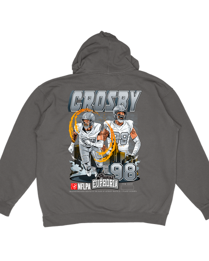 Maxx Crosby Las Vegas #98 graphic hoodie by Planet Euphoria in gray, back view.