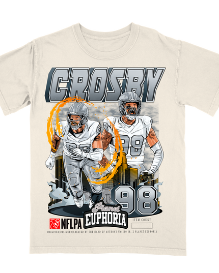 Maxx Crosby Las Vegas NFL player graphic tee V2 by Planet Euphoria in off-white, front view.